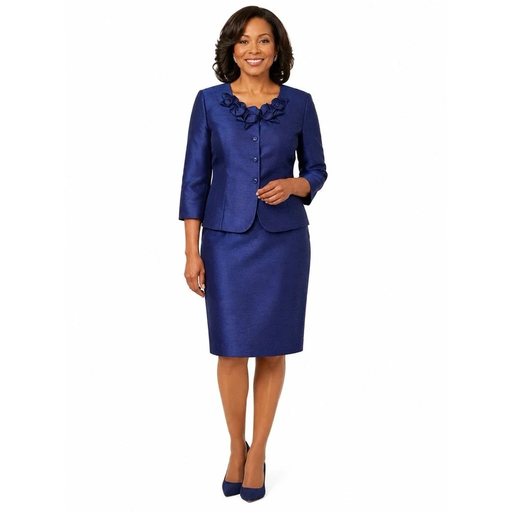 Kasper Sapphire Blue 2 Piece Skirt Suit Floral Applique Jacket 10 Petite NWT